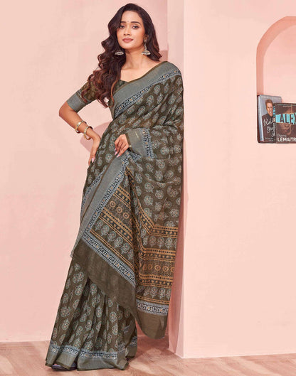 Dusty Olive Green Linen Printed Saree