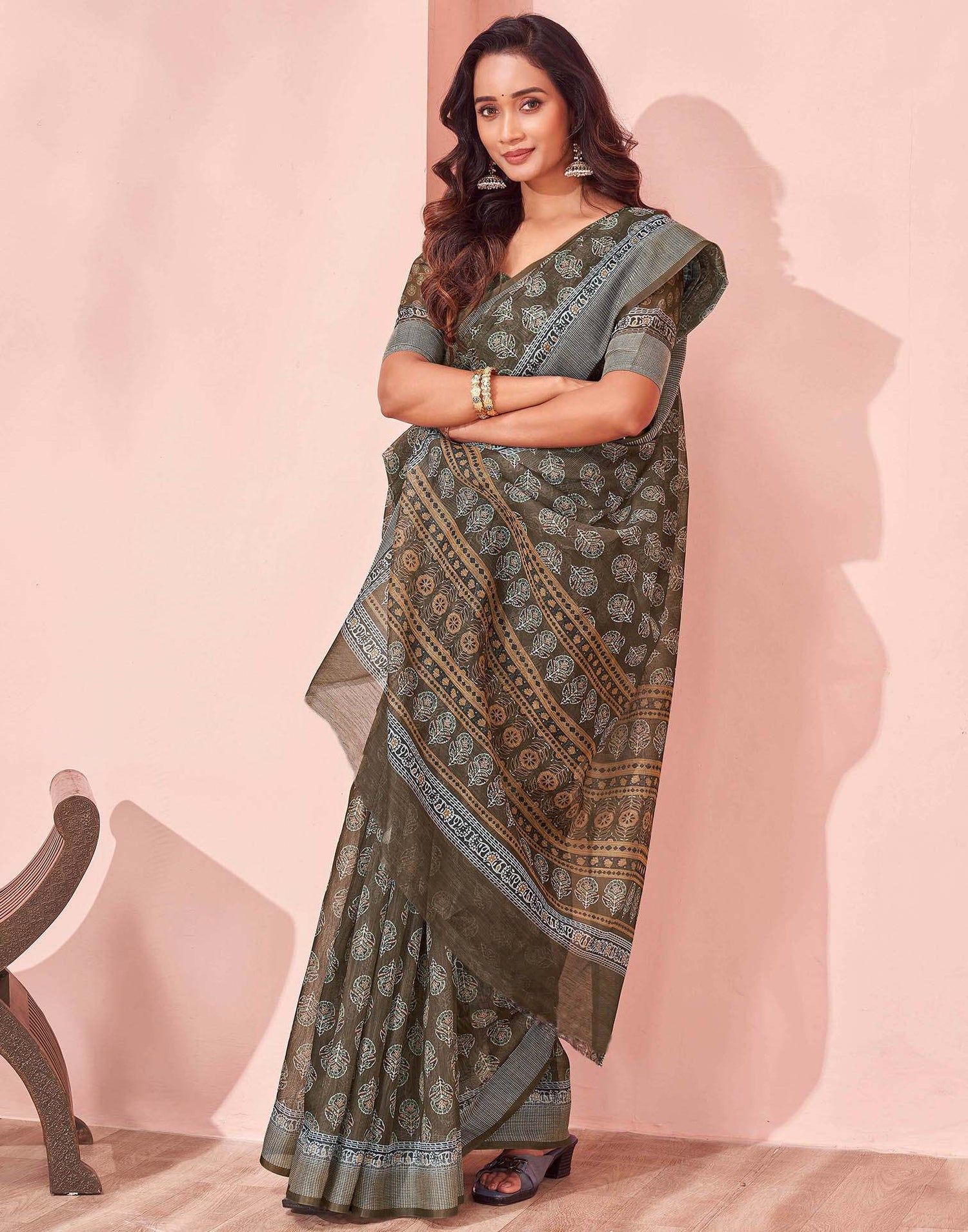 Dusty Olive Green Linen Printed Saree