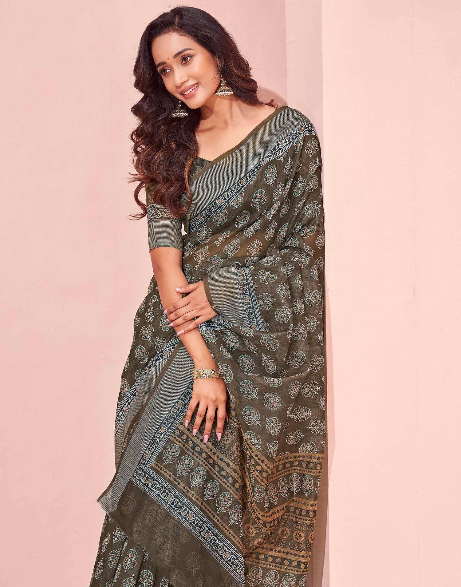 Dusty Olive Green Linen Printed Saree