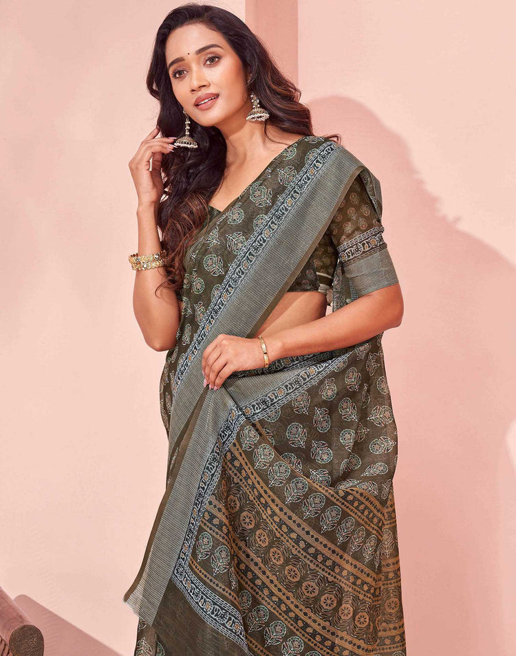 Dusty Olive Green Linen Printed Saree