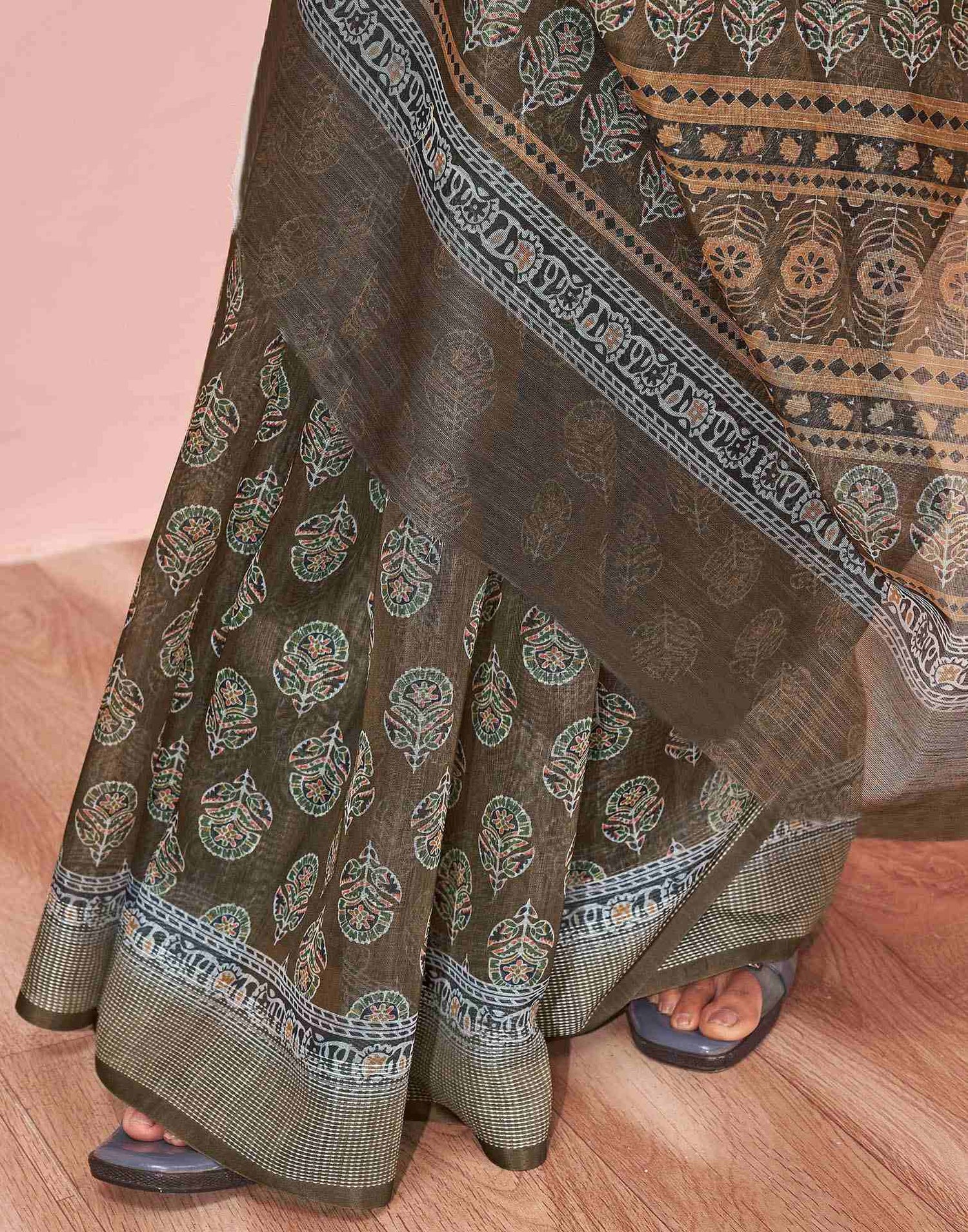 Dusty Olive Green Linen Printed Saree