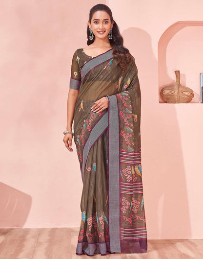 Brown Linen Printed Saree