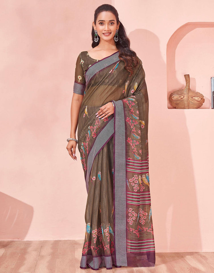 Brown Linen Printed Saree