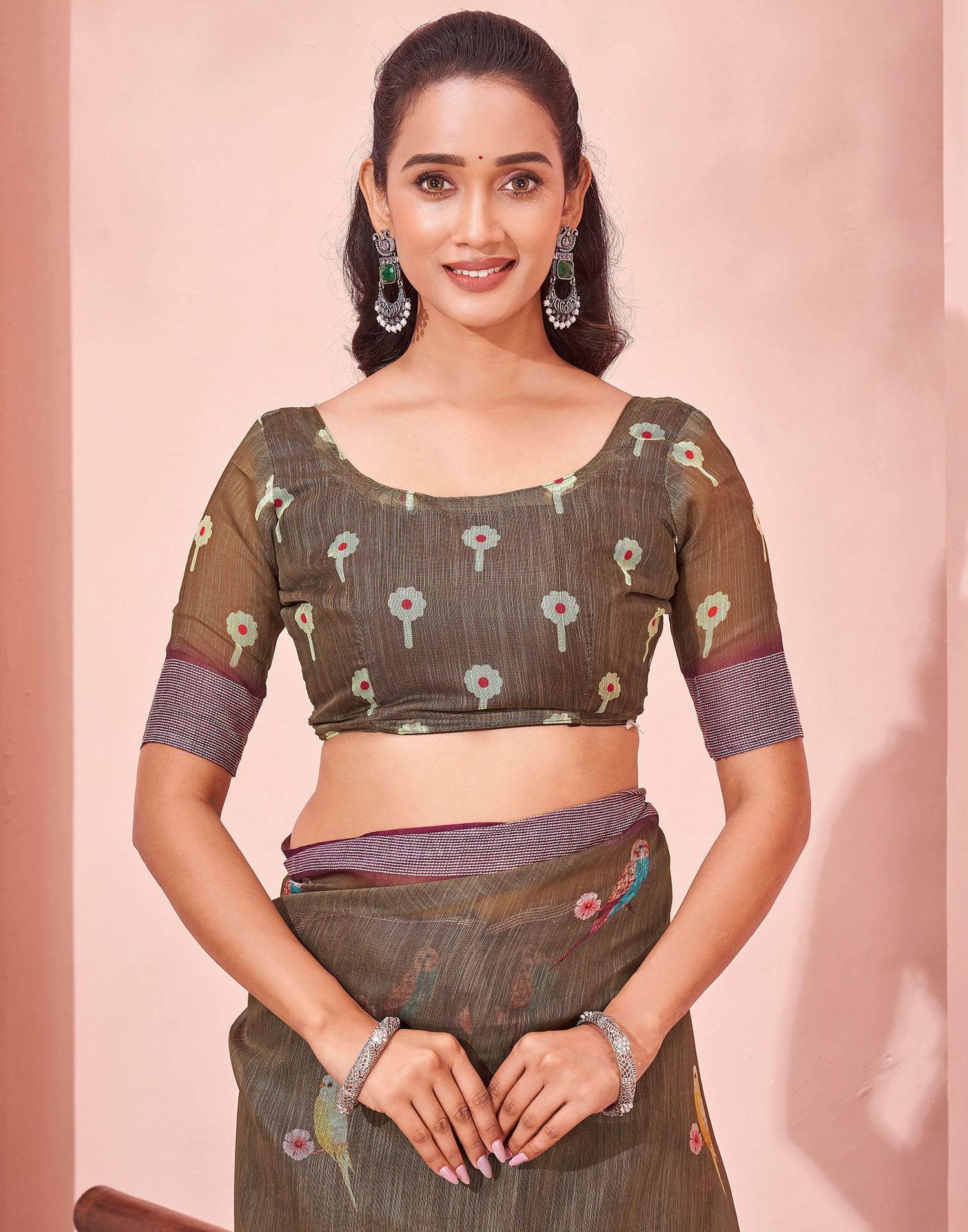 Brown Linen Printed Saree