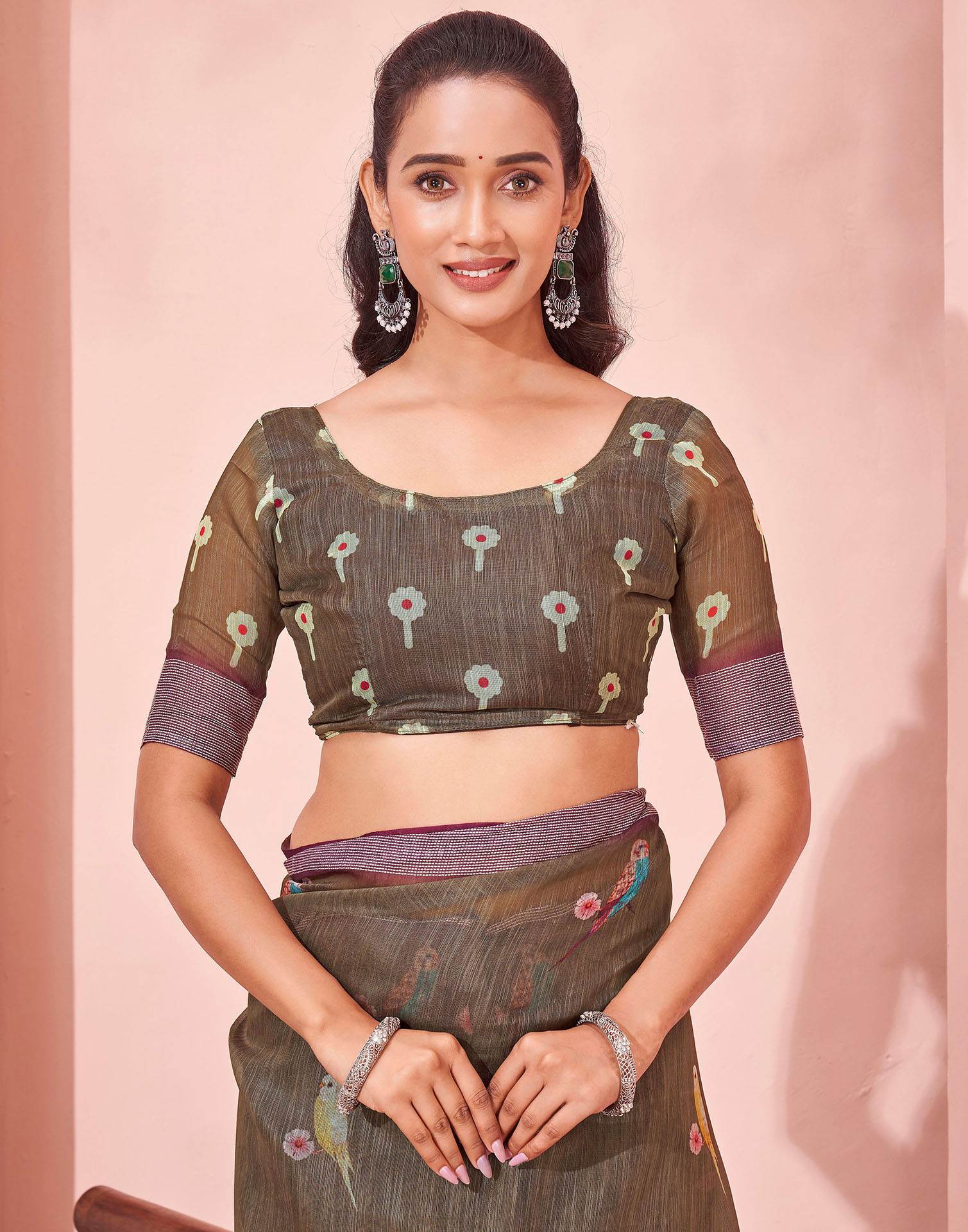 Brown Linen Printed Saree