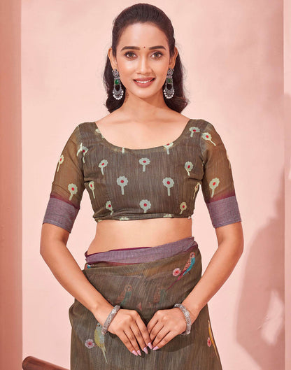 Brown Linen Printed Saree