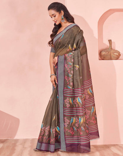 Brown Linen Printed Saree