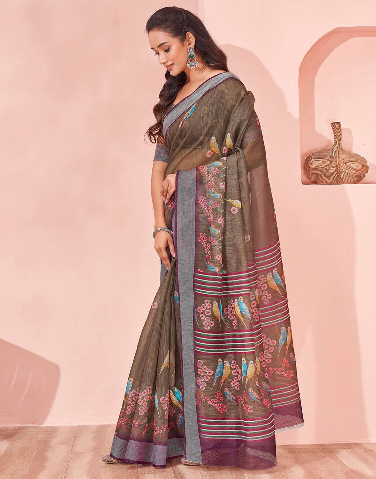 Brown Linen Printed Saree