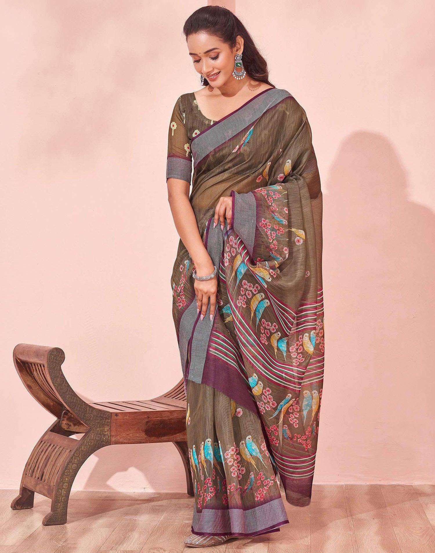 Brown Linen Printed Saree