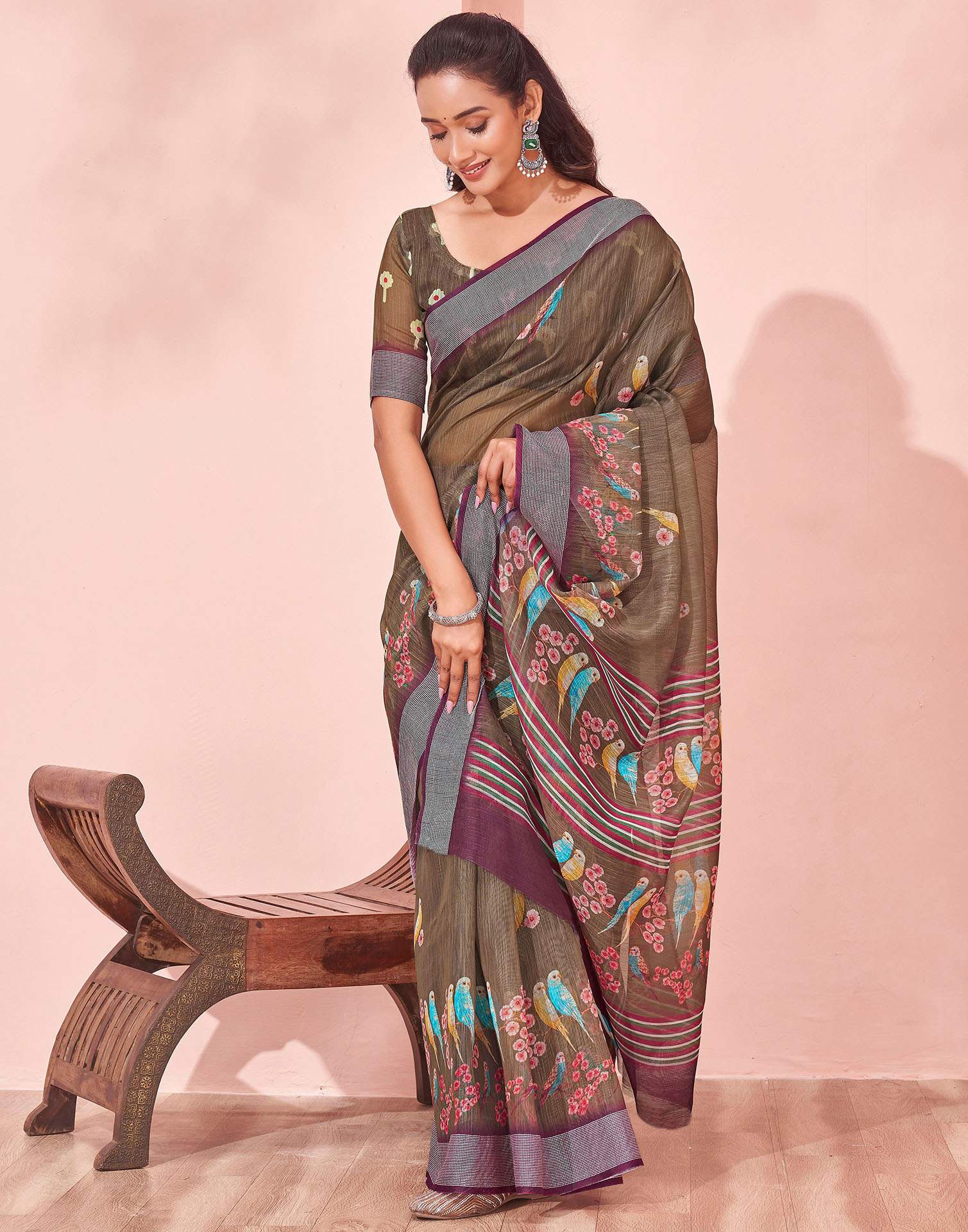 Brown Linen Printed Saree