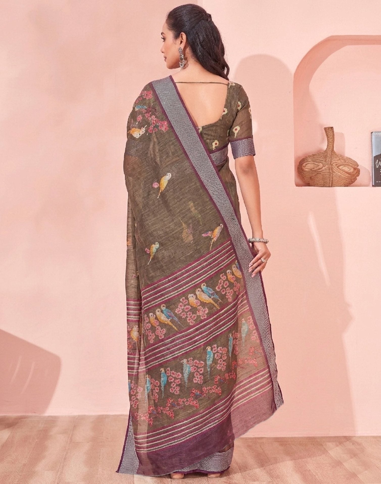 Brown Linen Printed Saree
