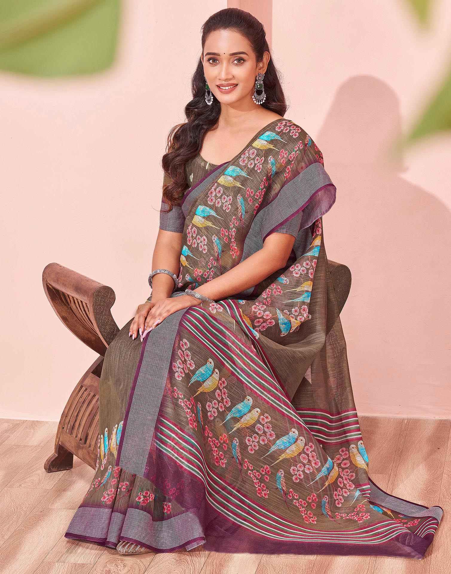 Brown Linen Printed Saree