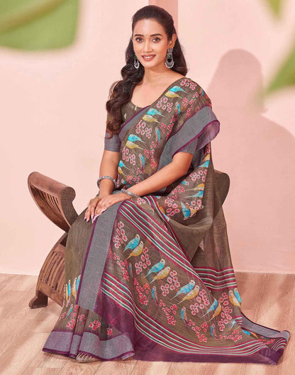 Brown Linen Printed Saree