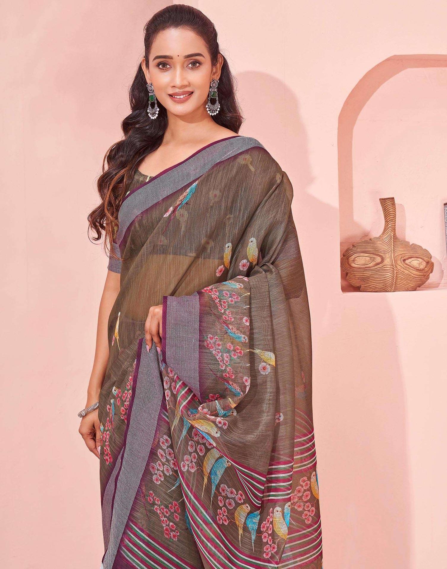 Brown Linen Printed Saree