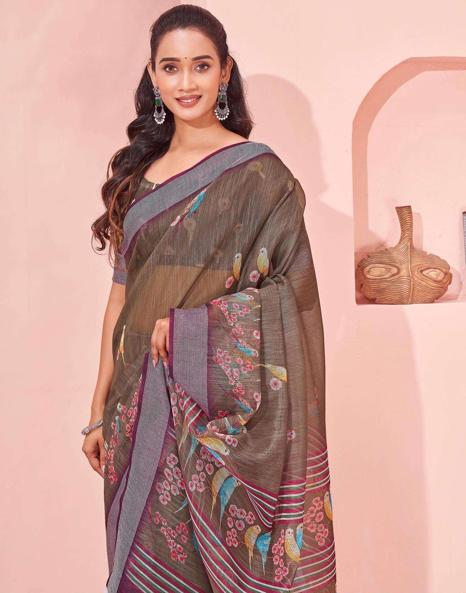 Brown Linen Printed Saree