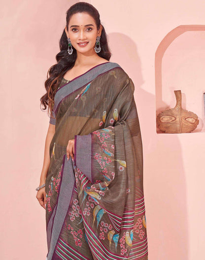 Brown Linen Printed Saree