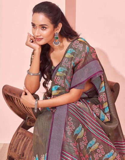 Brown Linen Printed Saree