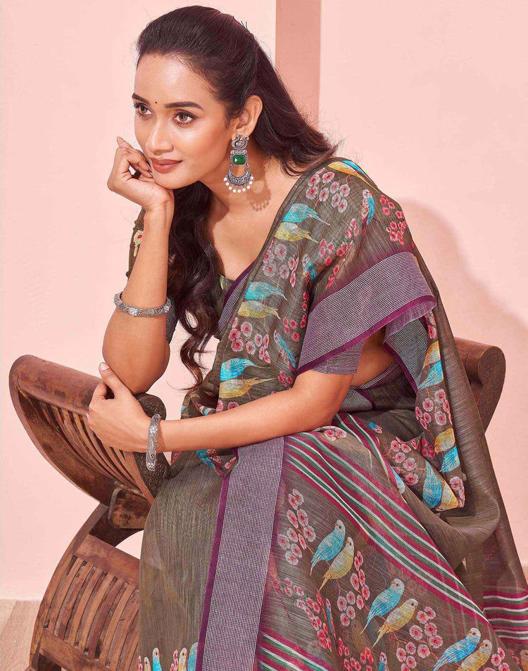 Brown Linen Printed Saree