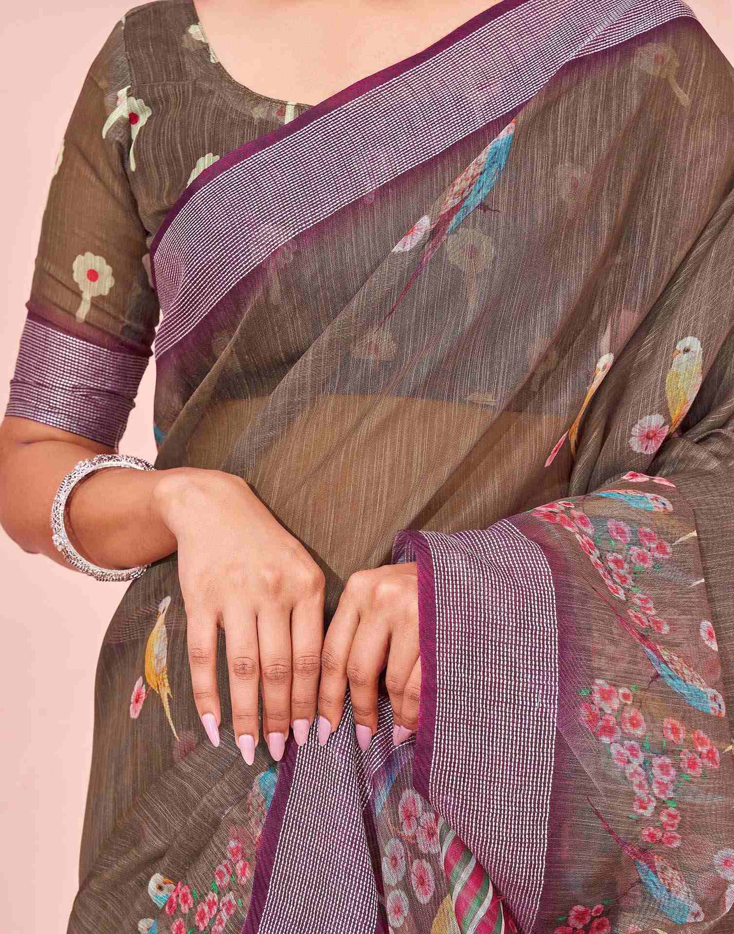 Brown Linen Printed Saree