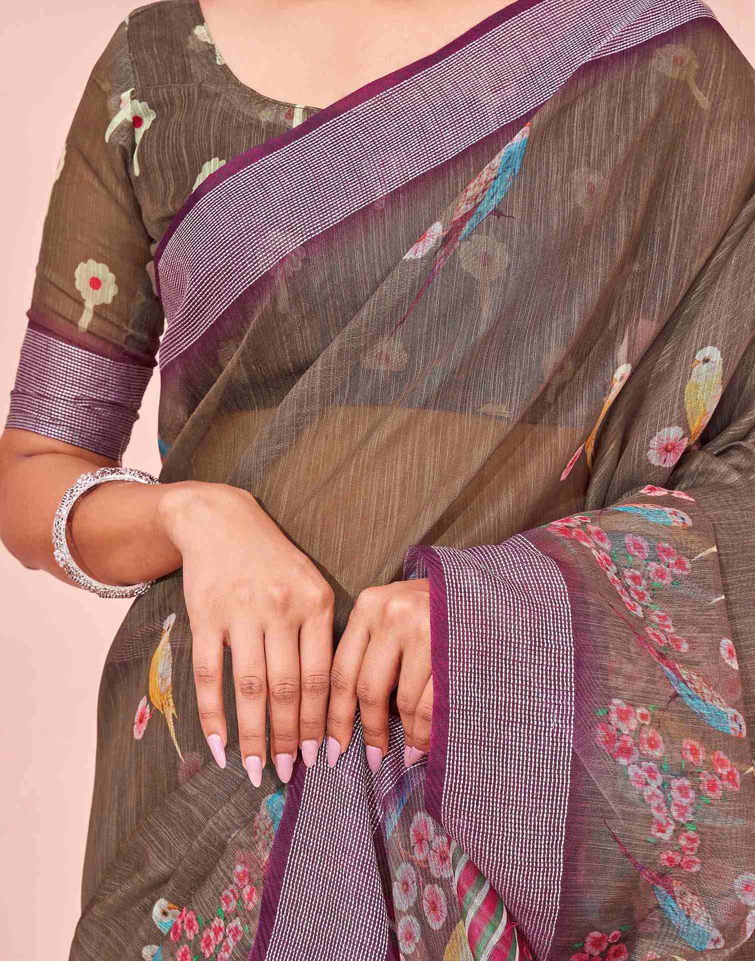 Brown Linen Printed Saree