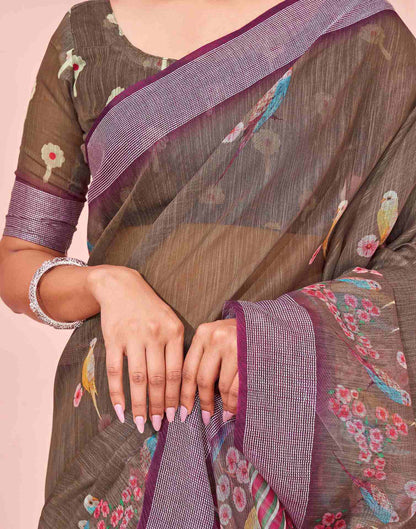 Brown Linen Printed Saree