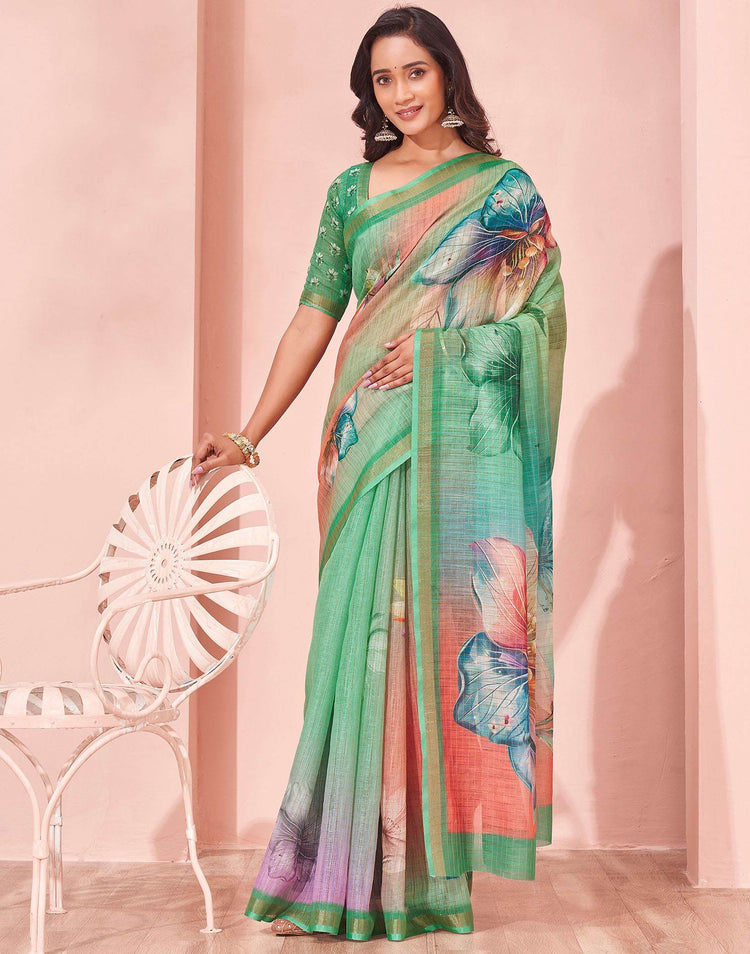 Light Green Linen Floral Printed Saree