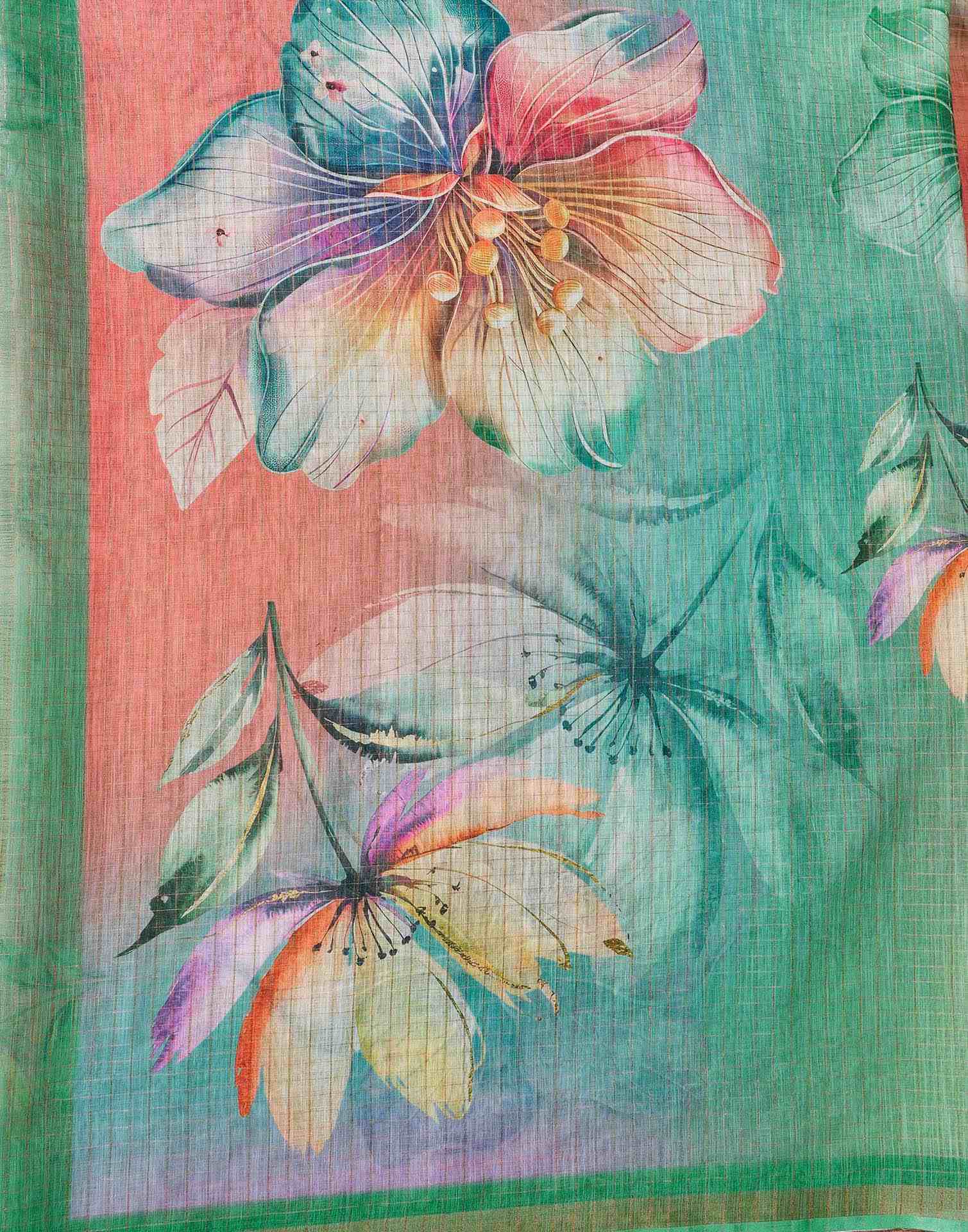 Light Green Linen Floral Printed Saree