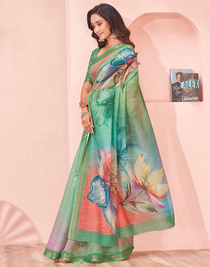 Light Green Linen Floral Printed Saree