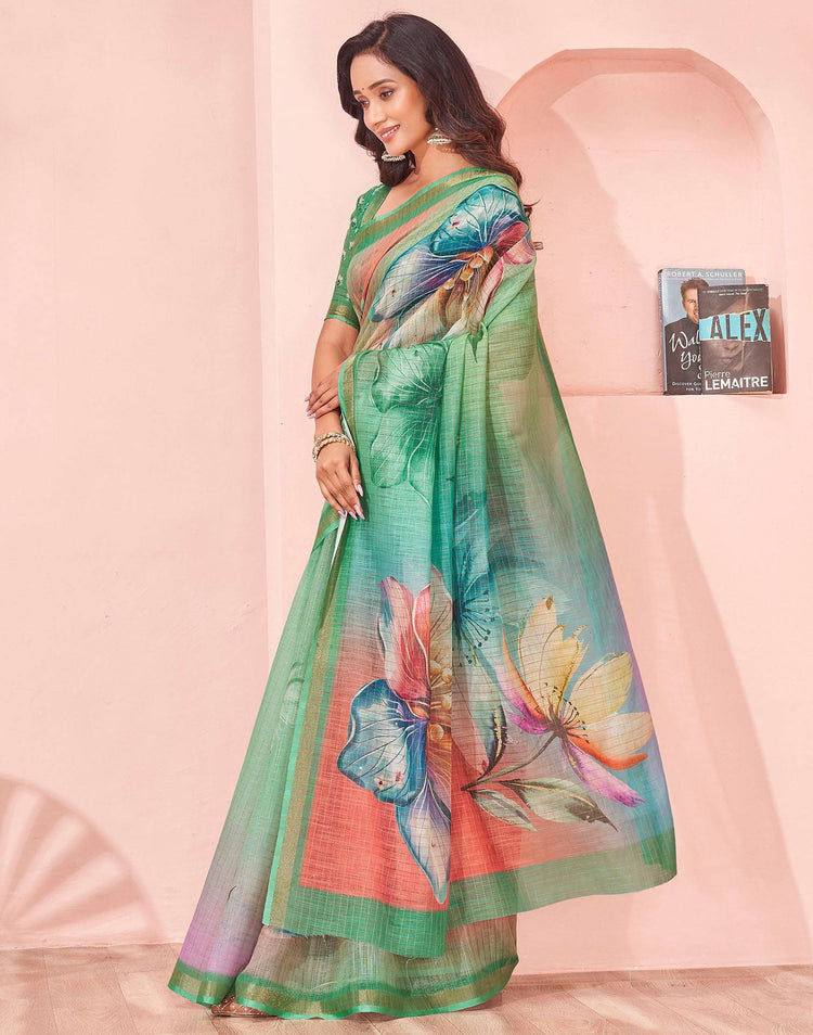 Light Green Linen Floral Printed Saree