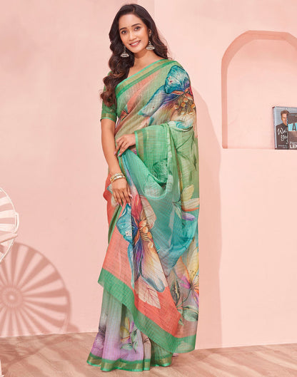 Light Green Linen Floral Printed Saree
