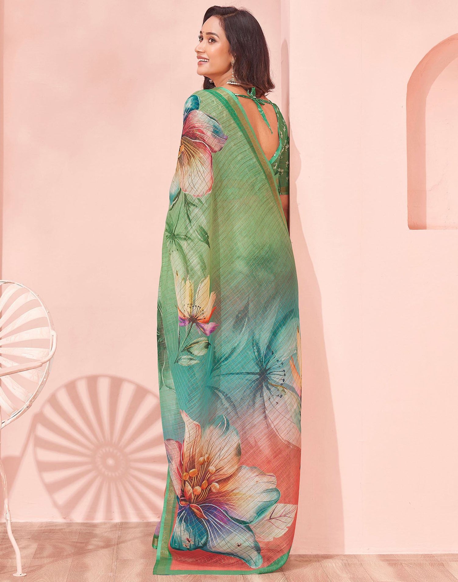Light Green Linen Floral Printed Saree