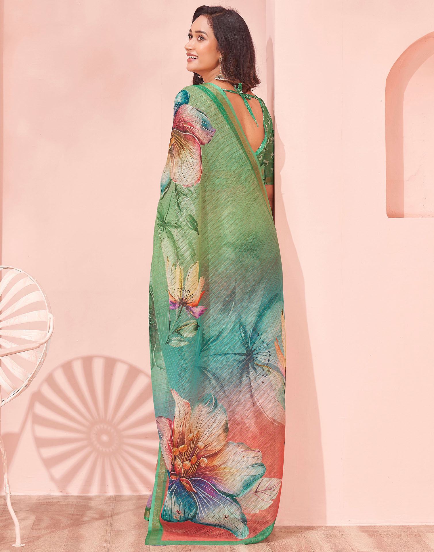 Light Green Linen Floral Printed Saree