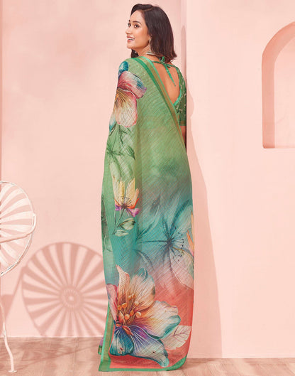 Light Green Linen Floral Printed Saree