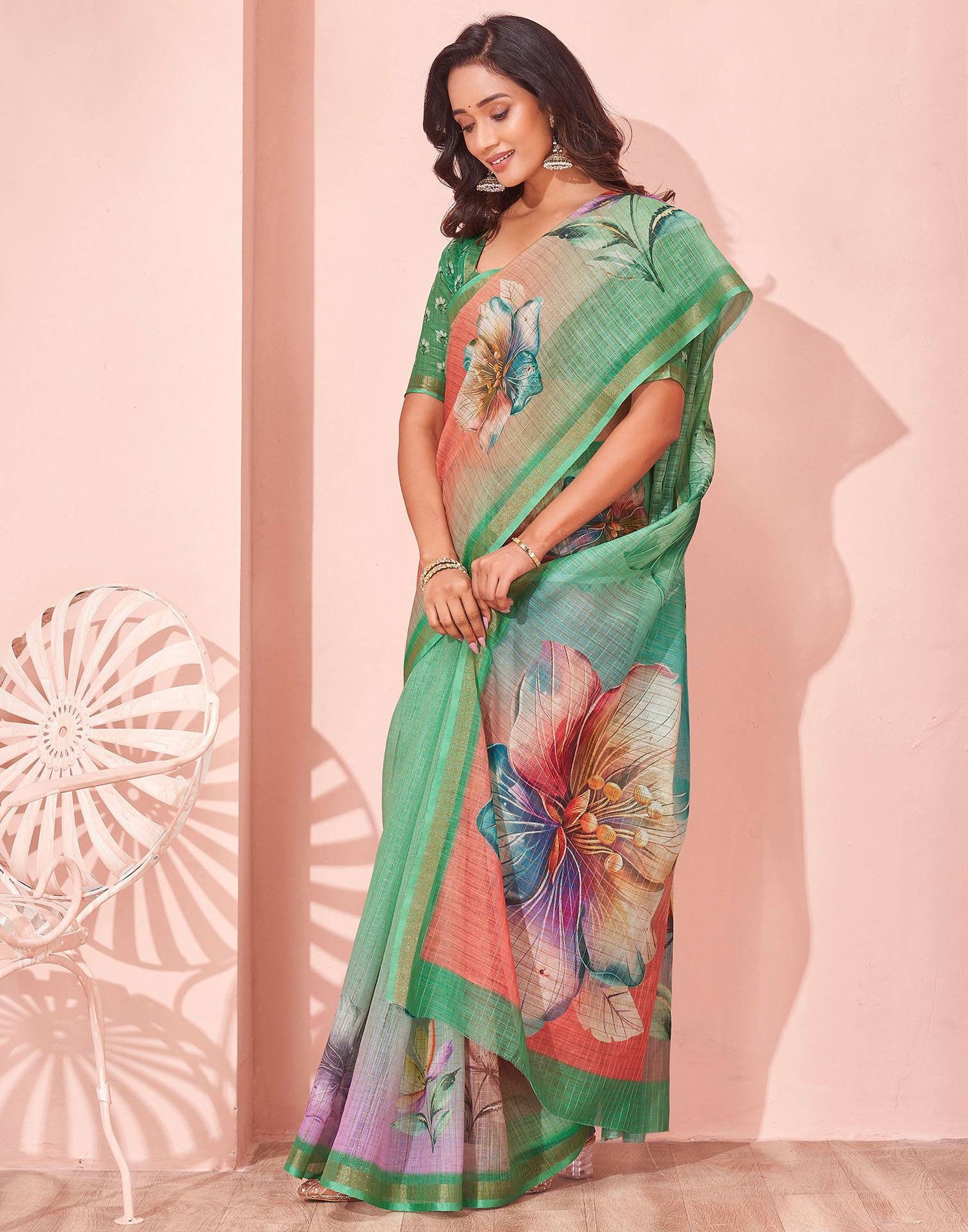 Light Green Linen Floral Printed Saree