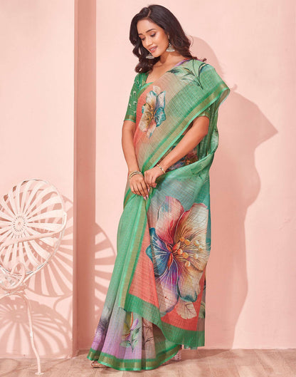Light Green Linen Floral Printed Saree