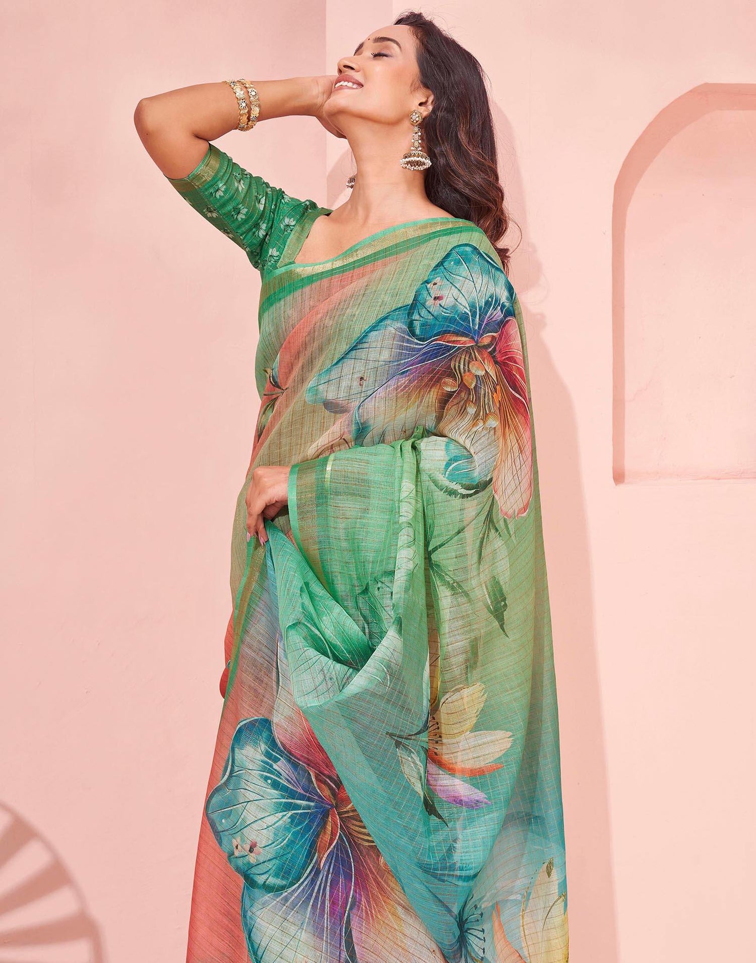 Light Green Linen Floral Printed Saree