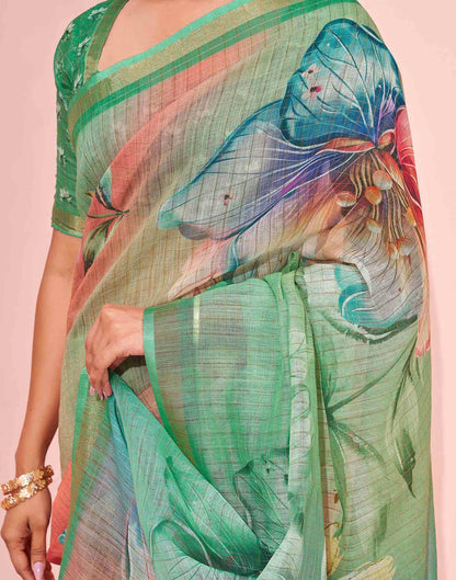 Light Green Linen Floral Printed Saree