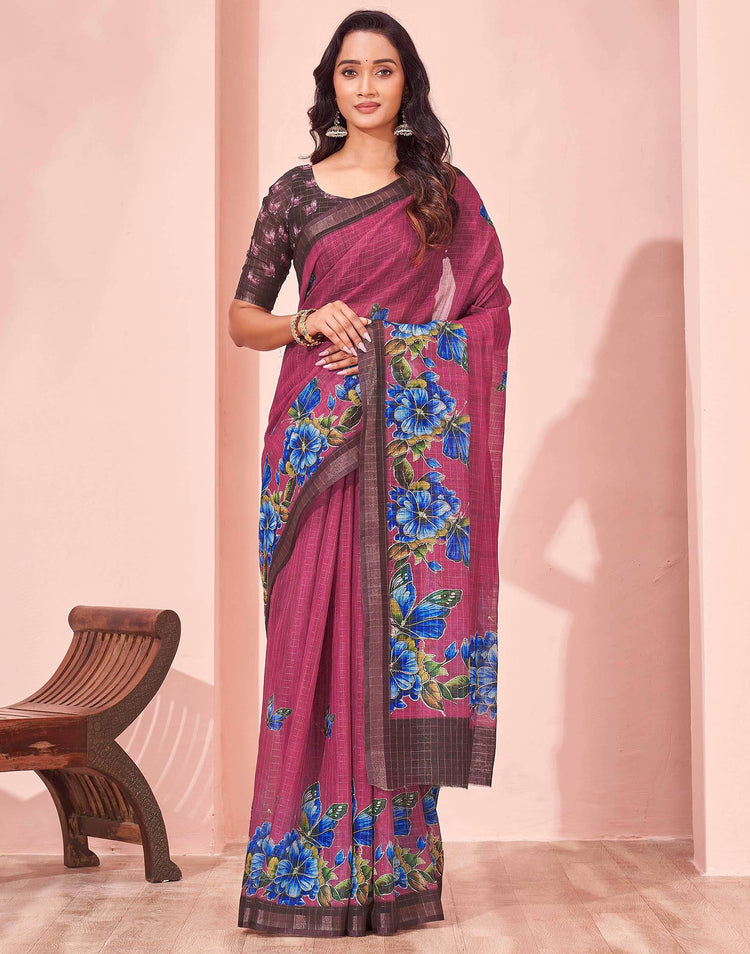 Magenta Linen Floral Printed Saree