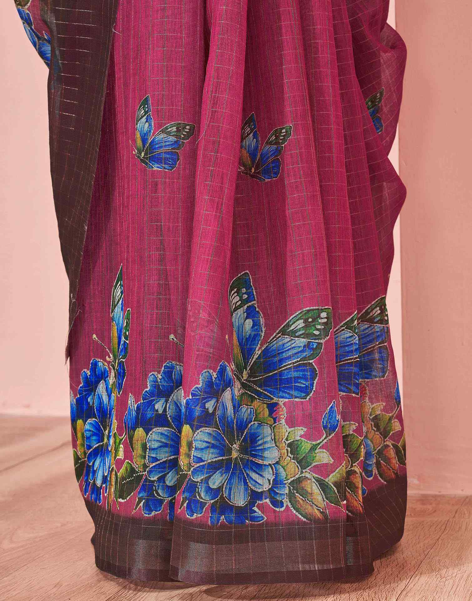 Magenta Linen Floral Printed Saree