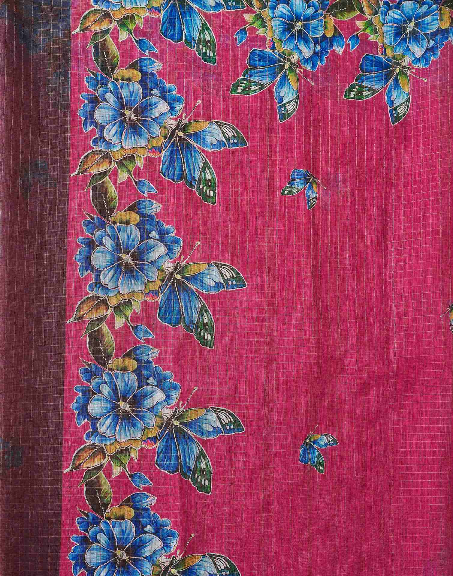 Magenta Linen Floral Printed Saree