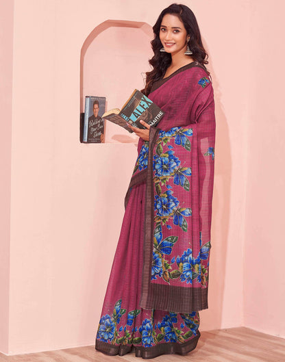 Magenta Linen Floral Printed Saree