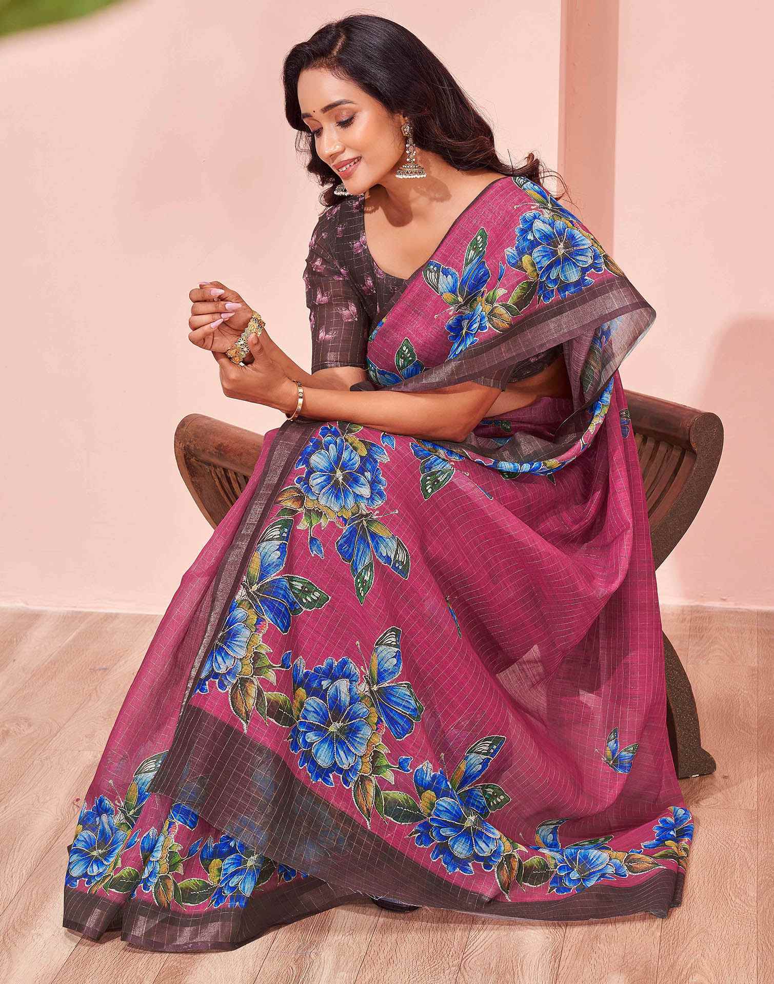 Magenta Linen Floral Printed Saree
