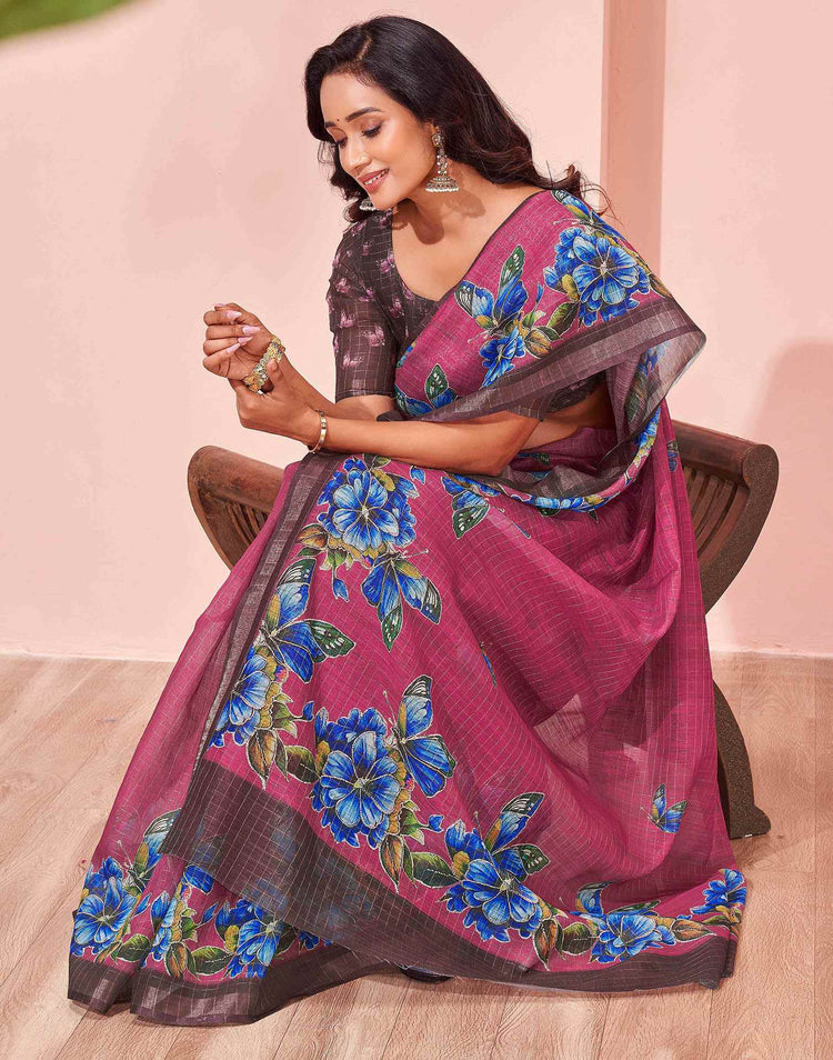 Magenta Linen Floral Printed Saree