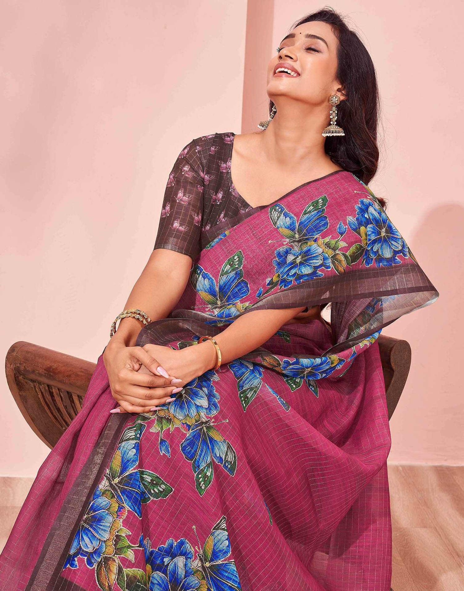Magenta Linen Floral Printed Saree