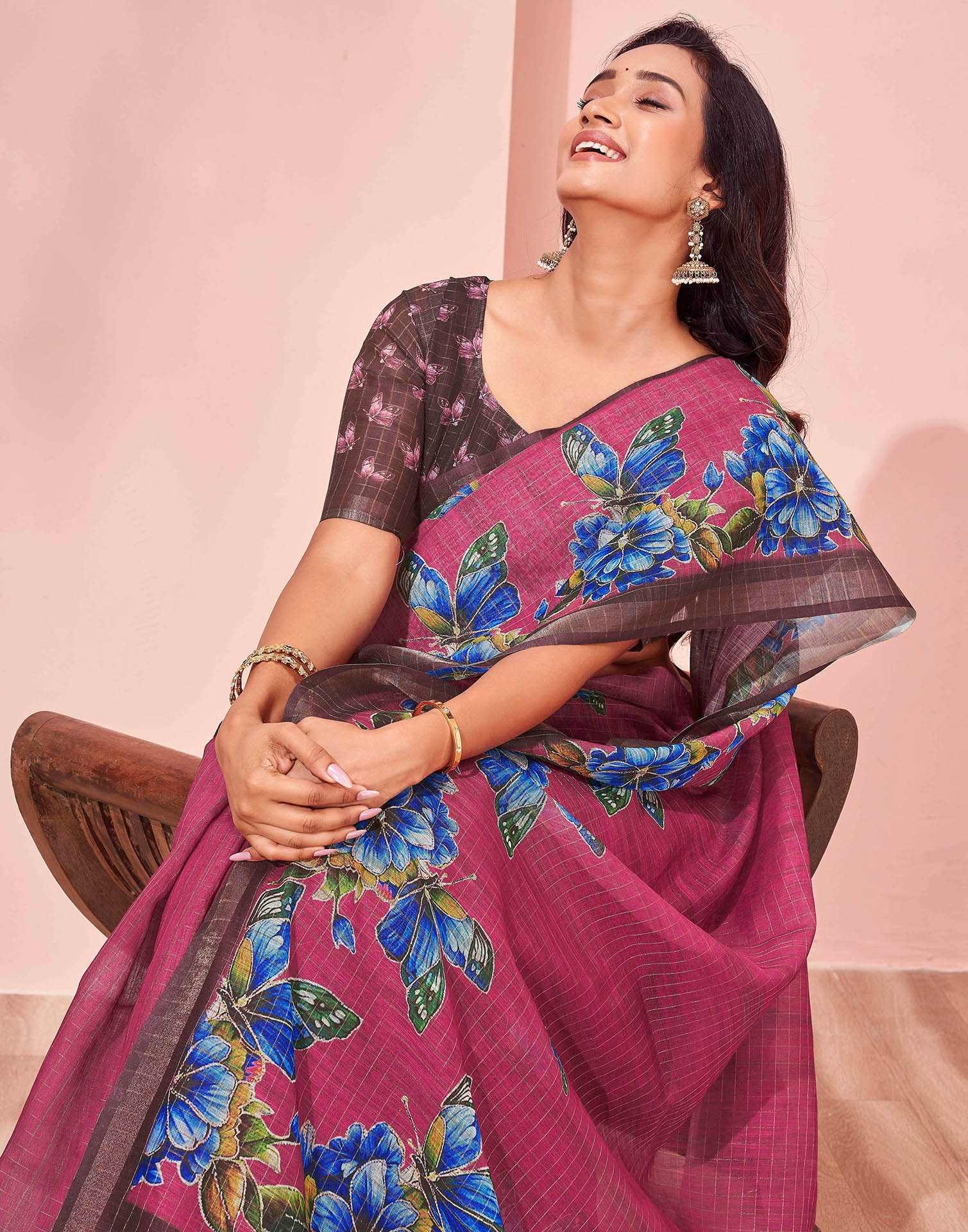 Magenta Linen Floral Printed Saree