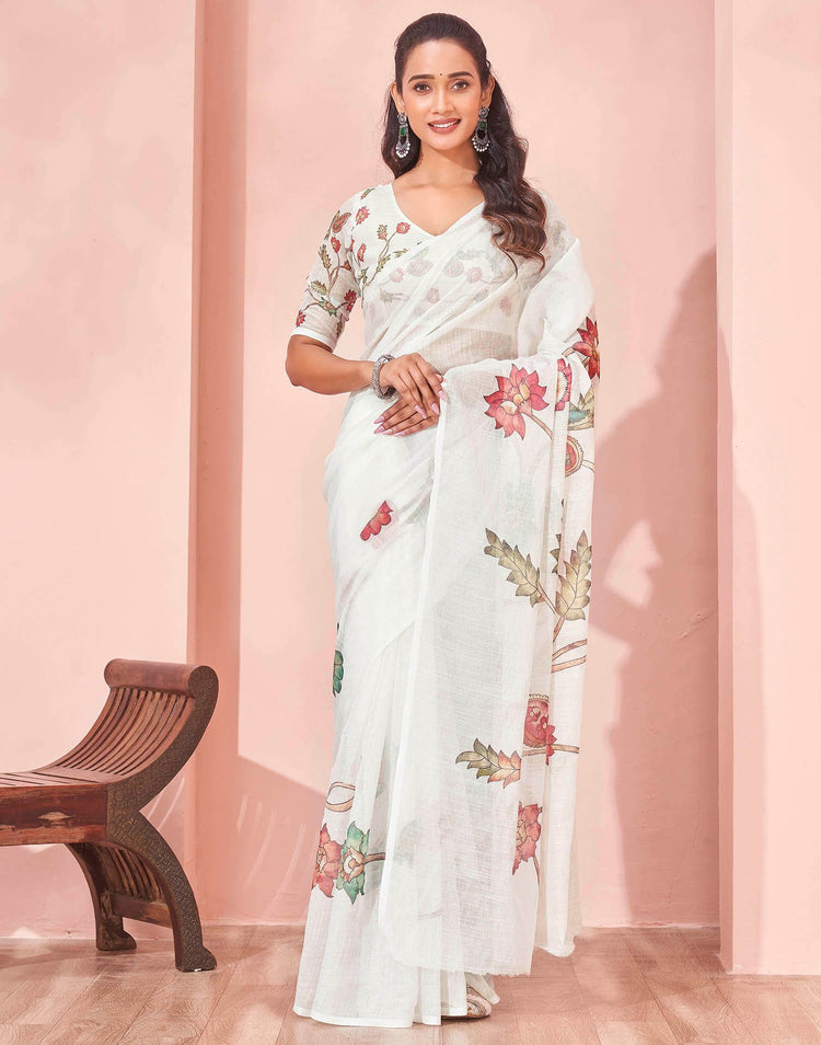 White Linen Floral Printed Saree