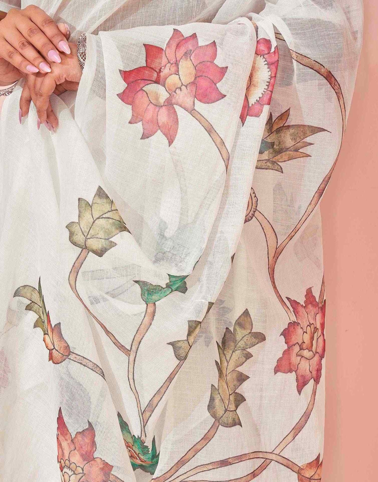 White Linen Floral Printed Saree