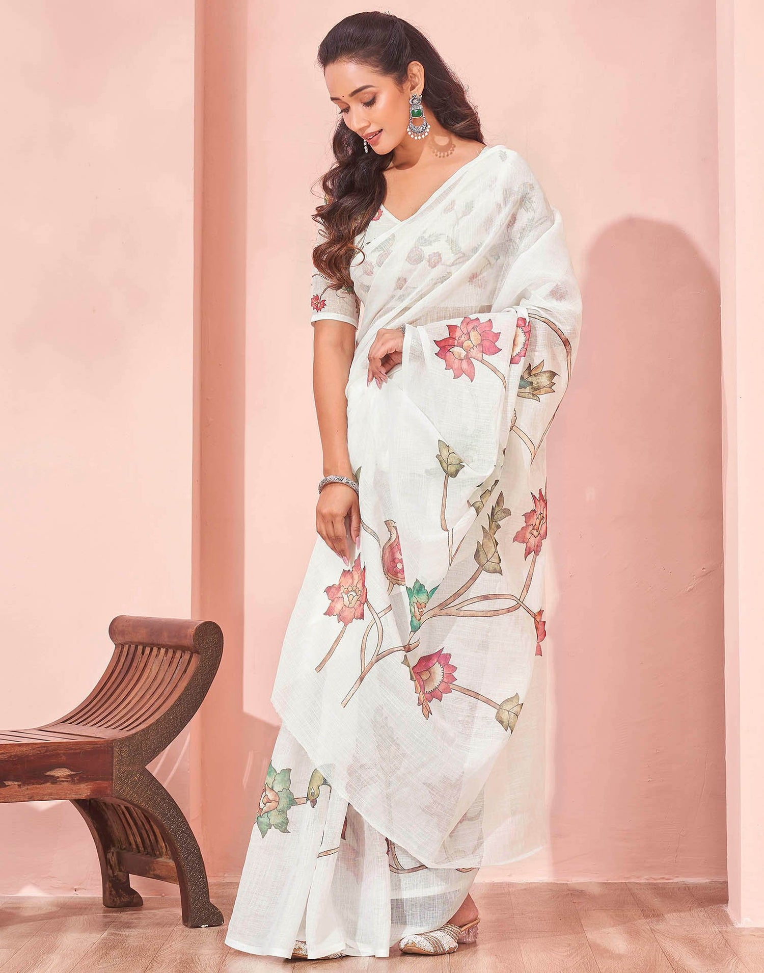 White Linen Floral Printed Saree