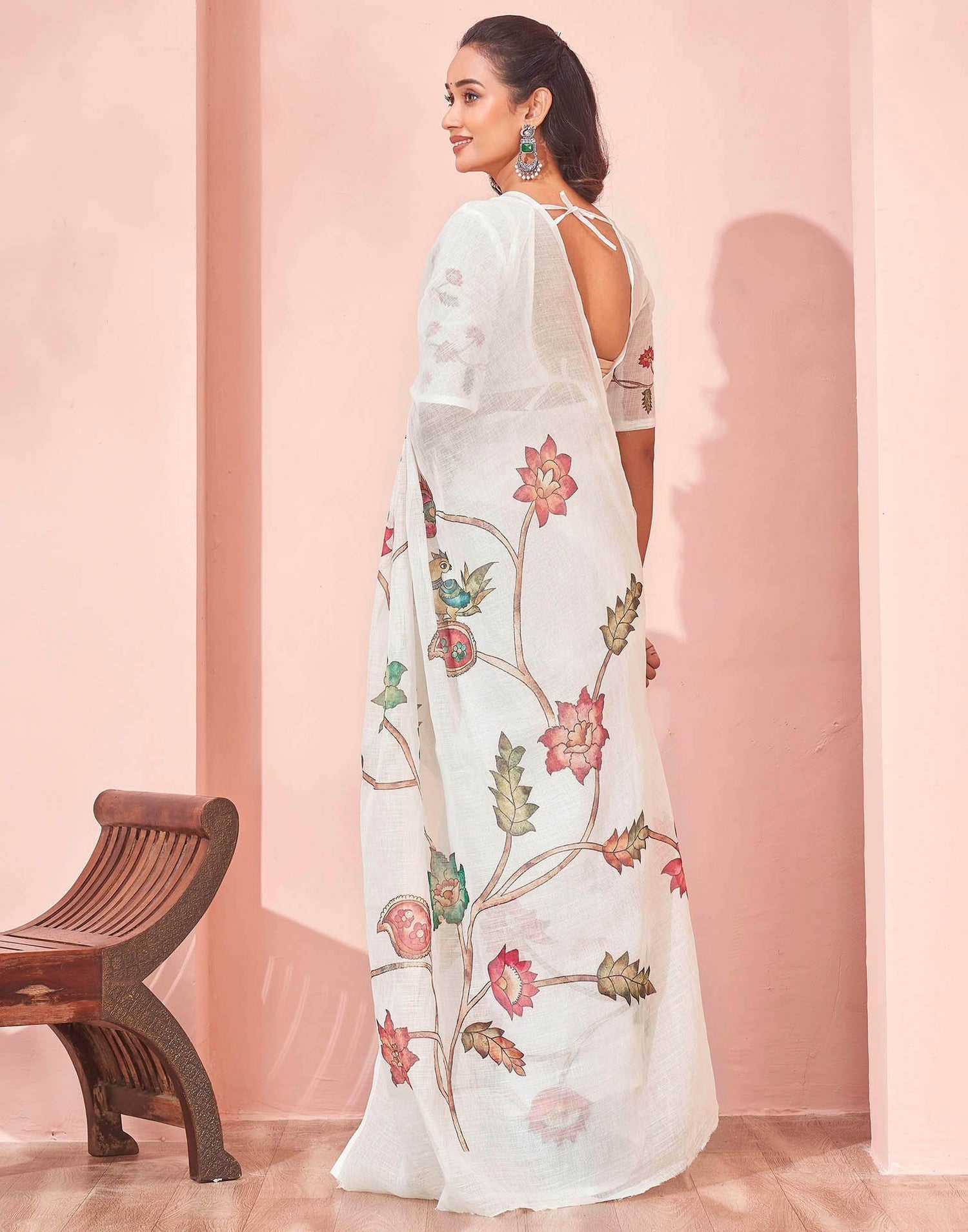 White Linen Floral Printed Saree