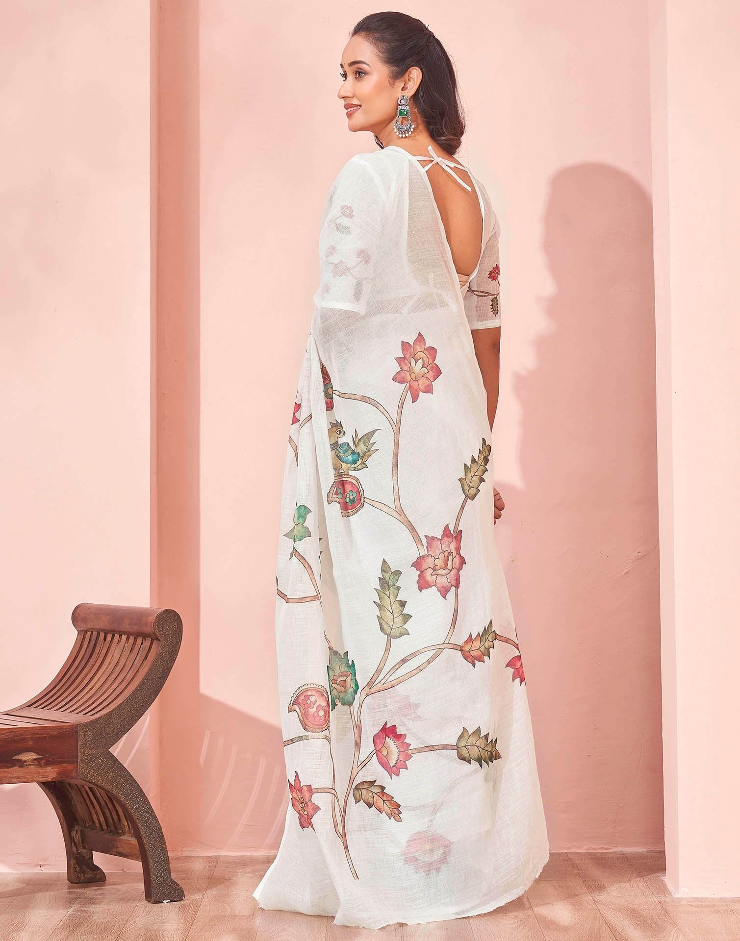 White Linen Floral Printed Saree